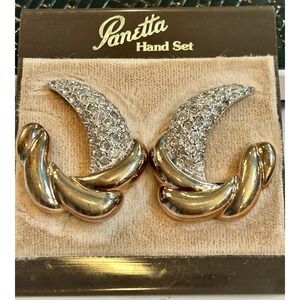 Panetta Vintage Hand Set Rhinestone Gold Tone Clip Earrings Original Card Rare